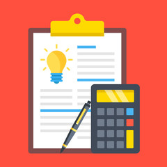 Poster - Patent application, patent registration, invention licensing concepts. Clipboard and document with light bulb, calculator and pen. Modern flat design graphic elements. Vector illustration
