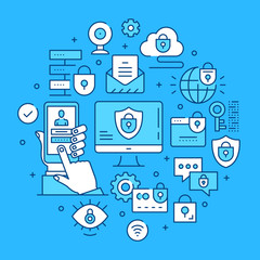 Poster - Data security concepts line art. Modern graphics elements, outline symbols, thin line icons set for websites, web banners, mobile apps, infographics. Vector illustration