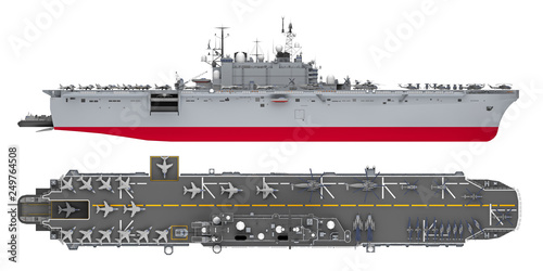 Fotomural aircraft carrier side and top view isolated on white