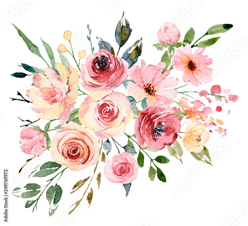 Watercolor flowers, floral bouquet for greeting card, invitation and other pr...
