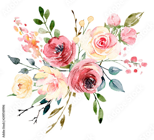 Watercolor flowers, floral bouquet for greeting card, invitation and other pr...