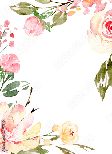 Watercolor flowers, floral frame for greeting card, invitation and other prin...