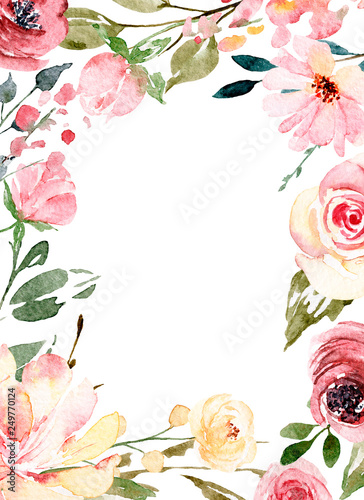 Watercolor flowers, floral frame border for greeting card, invitation and oth...