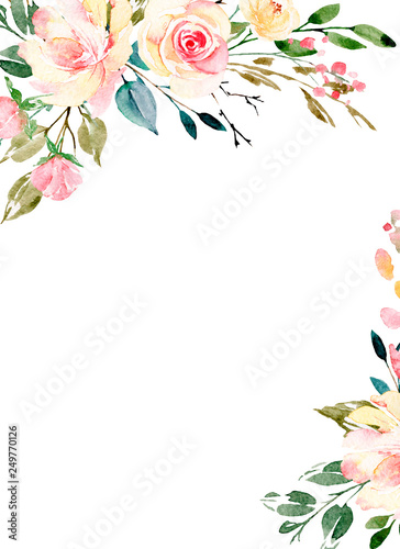 Watercolor flowers, floral frame for greeting card, invitation and other prin...