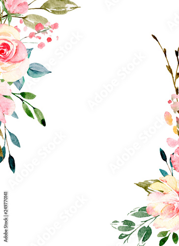Watercolor flowers, floral frame border for greeting card, invitation