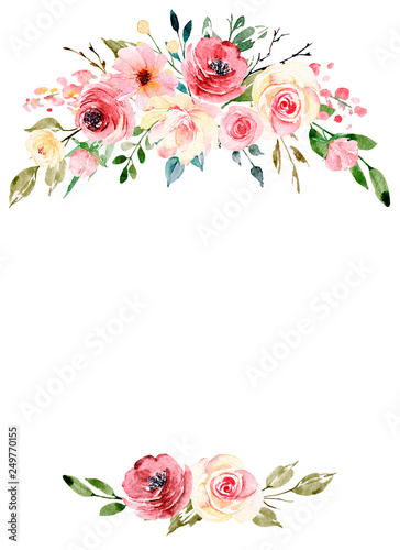 Watercolor flowers, floral frame border for greeting card, invitation