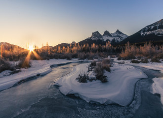 Wall Mural - Sunrise above The Three Sisters, Canmore, Travel Alberta, Banff National Park, Canada, North America, Canadian Rockies