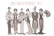 Art deco people set. Gatsby style set. Group of retro woman and man. design in 20's style. sketch style mafia and gangsters