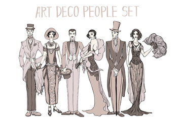 Art deco people set. Gatsby style set. Group of retro woman and man. design in 20's style. sketch style mafia and gangsters