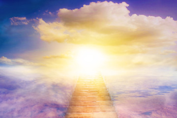 light in dark sky . stairs in sky . religion for the person . way to heaven . religious background .