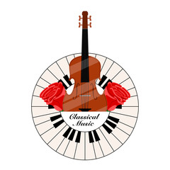 Wall Mural - Classical music label with a piano keys and cello. Vector illustration design