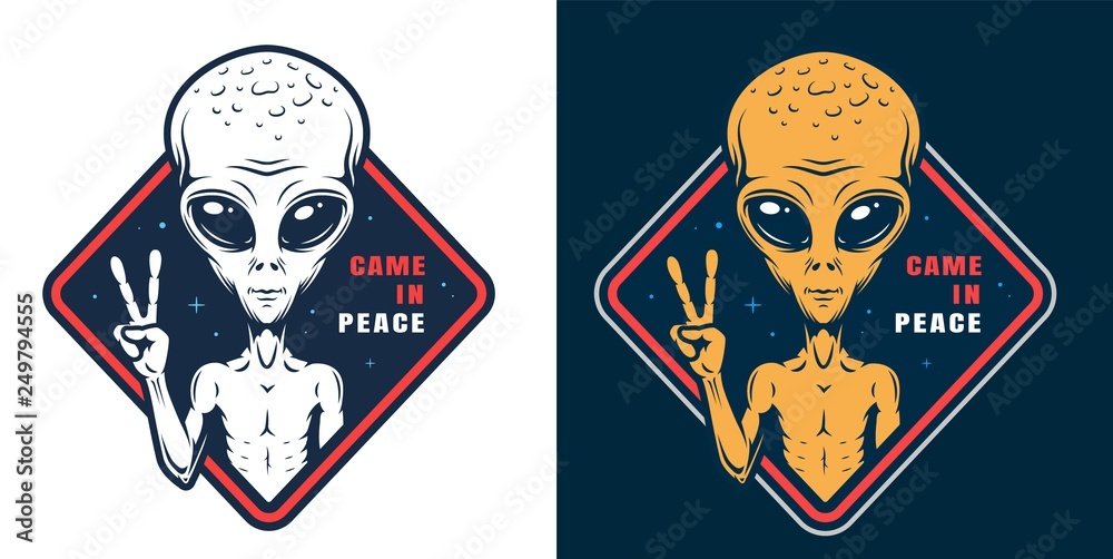 Alien showing peace sign colorful label - obrazy, fototapety, plakaty 