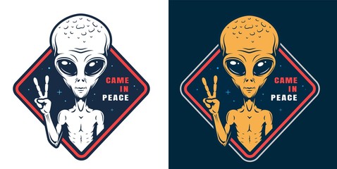Wall Mural - alien showing peace sign colorful label