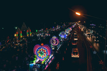 Parade The Stars Along The Road. With Beautiful Decorative Lights According To Faith In God Sakon Nakhon Province, Thailand