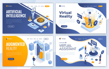 Set of Landing page design templates for Artificial Intelligence, Virtual Reality, Augmented Reality and Virtual Assistant. Easy to edit and customize. Modern Vector illustration concepts for websites