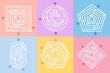 Labyrinth game. Maze conundrum, labyrinth way rebus and many entrance riddle vector concept illustration set