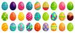 Easter eggs. Spring colorful chocolate egg, cute colored patterns and happy easter decoration cartoon vector set