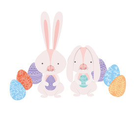 Sticker - easter rabbits with egg isolated icon