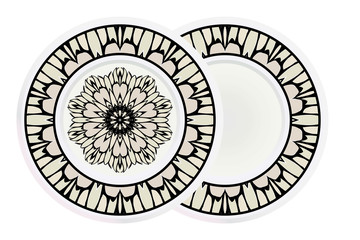  Matching decorative plates for interior designwith floral art deco pattern. Empty dish, porcelain plate mock up design. Vector illustration. White, grey color