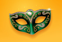 Colombina Green Mask Decorated With Diamonds. Holiday Masquerade Masque Or Decoration For Face At Theater, Opera. Part Of Italian Or Brazil Festival Costume. Fashion And Entertainment Theme