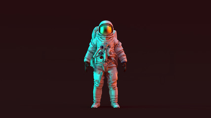Wall Mural - astronaut with gold visor and white spacesuit with red and blue moody 80s lighting front 3d illustra