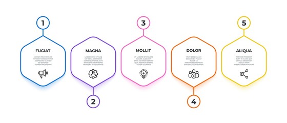 Poster - Workflow infographic. 5 options work flow banner, business presentation graphic, hexagon milestone timeline. Vector 5 steps graph