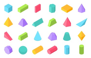 Isometric shapes. 3D geometric form, flat geometry polygon objects such as prism pyramid cylinder sphere. Vector isometric set