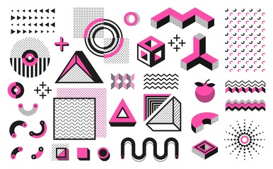 Poster - Abstract geometric shapes. Memphis modern minimal elements, hipster black halftone pattern. Vector trendy geometric pop art