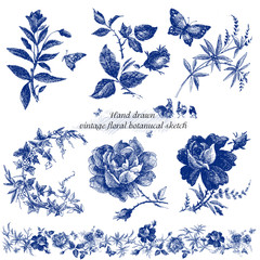 Vintage sketch flowers design set. Fairytale forest nature. hand drawn botanical line graphics. Indigo color. 