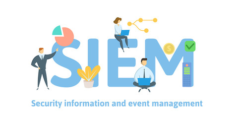 SIEM, Security information and event management. Concept with keywords, letters and icons. Colored flat vector illustration. Isolated on white background.