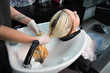 © strigana - Beauty concept - Professional hairdresser applying shampoo, washes color paint off and massaging hair of a customer. Woman having her hair washed in a hairdressing beauty salon