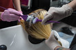 © strigana - Professional hairdresser putting color mask dyeing hair of woman in beauty salon