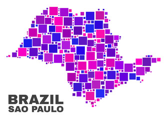 Wall Mural - Mosaic Sao Paulo State map isolated on a white background. Vector geographic abstraction in pink and violet colors. Mosaic of Sao Paulo State map combined of scattered square elements.