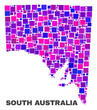 Mosaic South Australia map isolated on a white background. Vector geographic abstraction in pink and violet colors. Mosaic of South Australia map combined of scattered square elements.