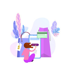 Wall Mural - Shopping online concept. Flat design tiny woman and big bags
