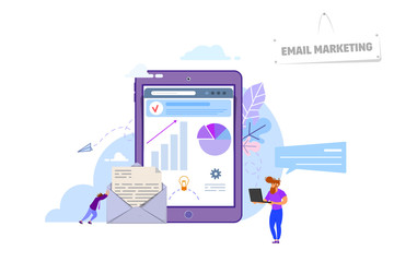 Wall Mural - Email marketing concept, tiny people around devices tablet, laptop