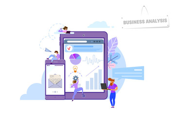 Wall Mural - Business analysis concept, tiny people around devices tablet, laptop