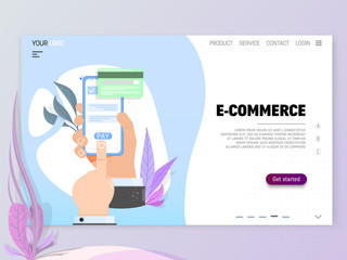 Wall Mural - The concept of e - commerce. Hand holding smartphone flat cartoon illustration.
