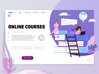 Wall Mural - Online training concept. Tiny people sit with a laptop on a huge book.
