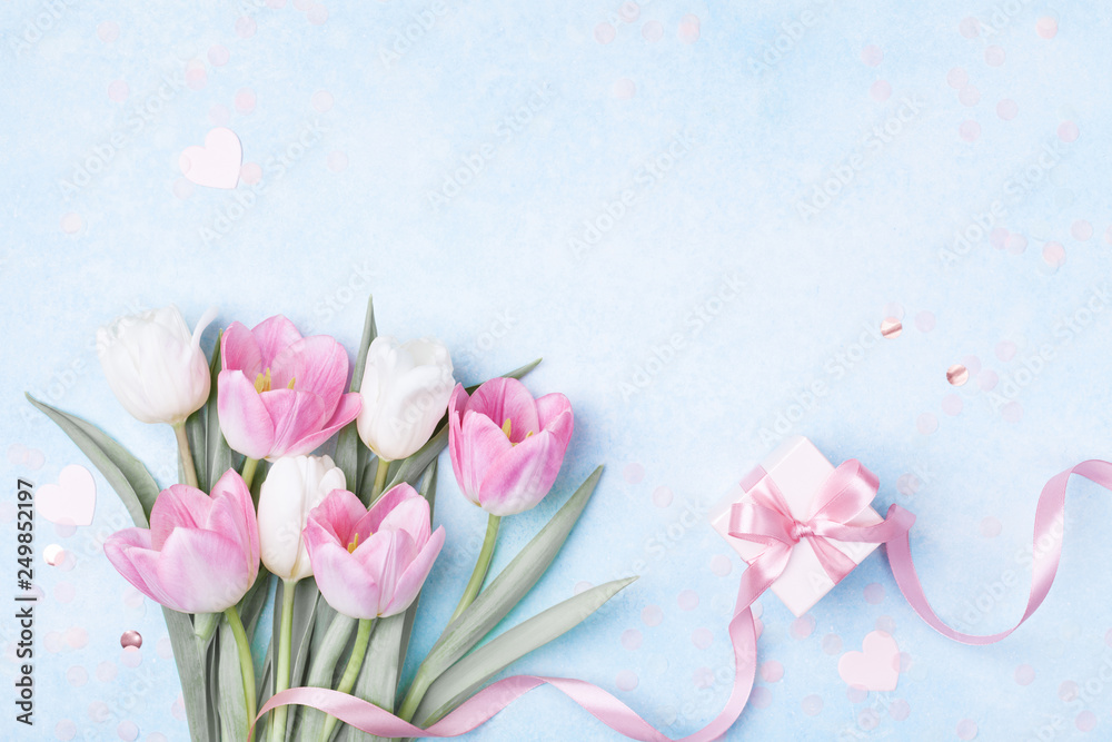 Tulip flowers and gift box for Women day, Mother day background. Flat lay. - obrazy, fototapety, plakaty 