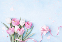 Tulip Flowers And Gift Box For Women Day, Mother Day Background. Flat Lay.