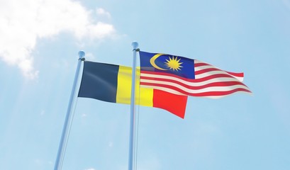 Malaysia and Belgium, two flags waving against blue sky. 3d image