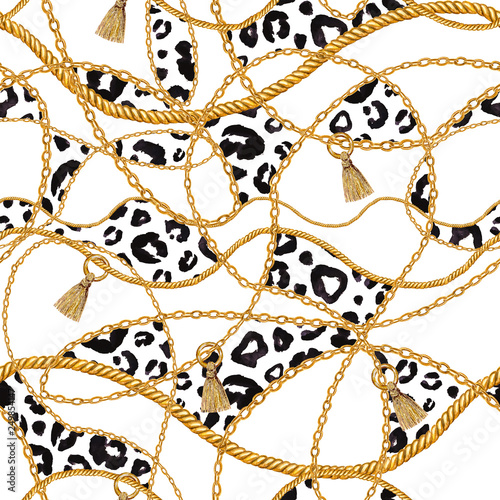 Dekoracja na wymiar  zloty-lancuch-glamour-lampart-gepard-ilustracja-wzor-akwarela-tekstury-ze-zlotymi-lancuchami