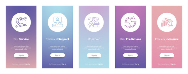 Poster - Fast service, Technical support, Monitored, User predictions, Efficiency measure Vertical Cards with strong metaphors.