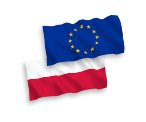 Wall Mural - National vector fabric wave flags of Poland and European Union isolated on white background. 1 to 2 proportion.