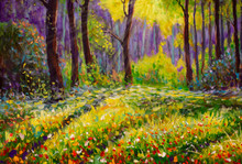 Fresh Spring In The Green Forest Original Oil Painting On Canvas. Modern Art.