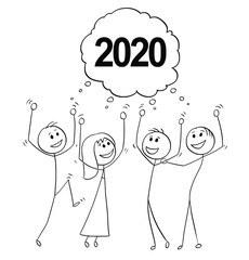 Wall Mural - Cartoon stick figure drawing conceptual illustration of group of business people celebrating new year 2020.