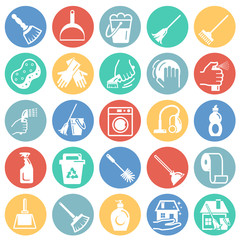Poster - Cleaning icons set on color circles white background for graphic and web design, Modern simple vector sign. Internet concept. Trendy symbol for website design web button or mobile app