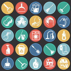 Poster - Cleaning icons set on color circles black background for graphic and web design, Modern simple vector sign. Internet concept. Trendy symbol for website design web button or mobile app