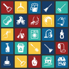 Poster - Cleaning icons set on color squares background for graphic and web design, Modern simple vector sign. Internet concept. Trendy symbol for website design web button or mobile app